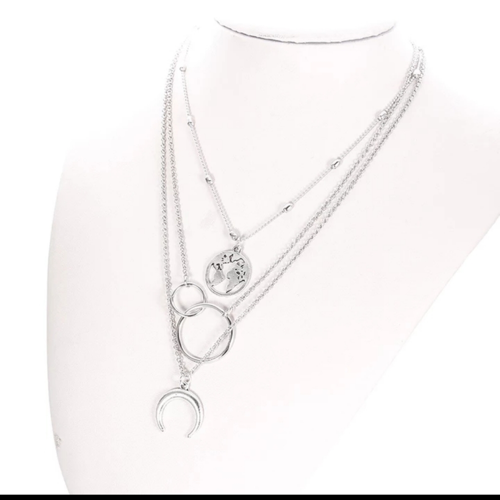 NEW Silver Boho Trendy Choker Multilayer Earth Map Circle Horn Pendant Necklace - Picture 5 of 16